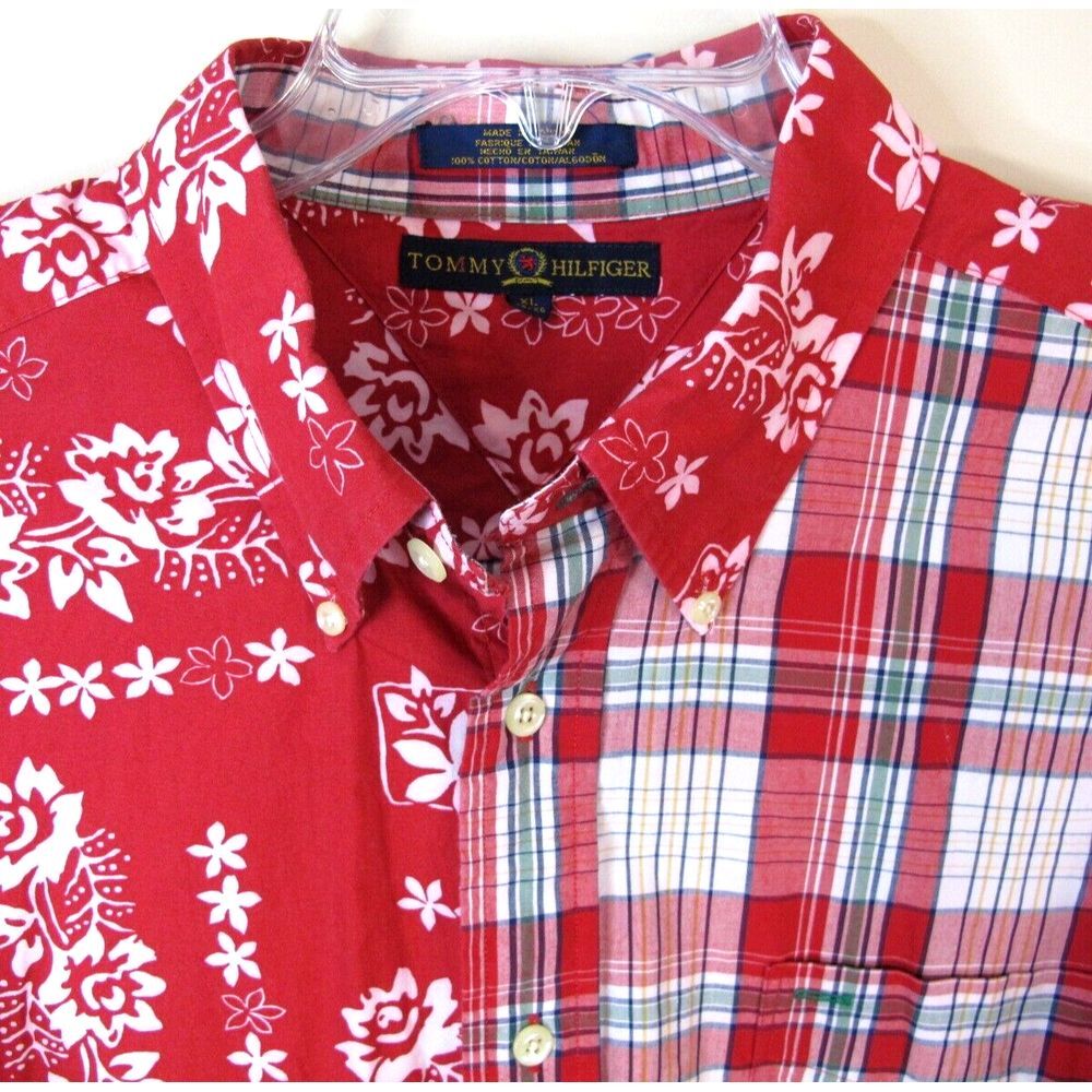 Vintage Tommy Hilfiger Short Sleeve Shirt Men's‎ XL Red Patchwork Floral Plaid - Picture 2 of 7